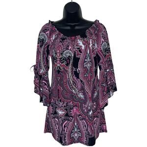 Vtg Pink Black Paisley Smocked Neck Tunic Blouse Flare Sleeve Y2K Fairy Grunge M